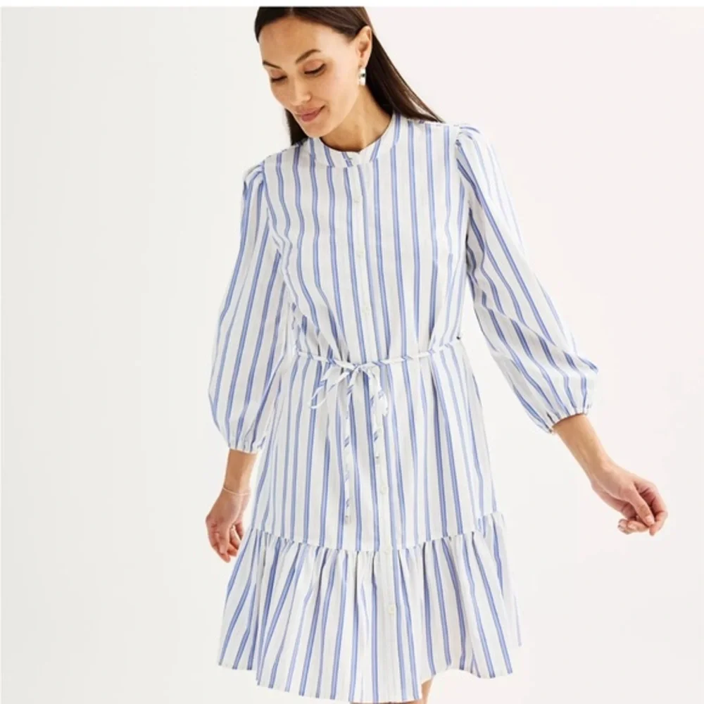 Brand New Women's Nine West Long Sleeve Blue & White Belted Dress, Size L, NWT - Picture 2 of 6